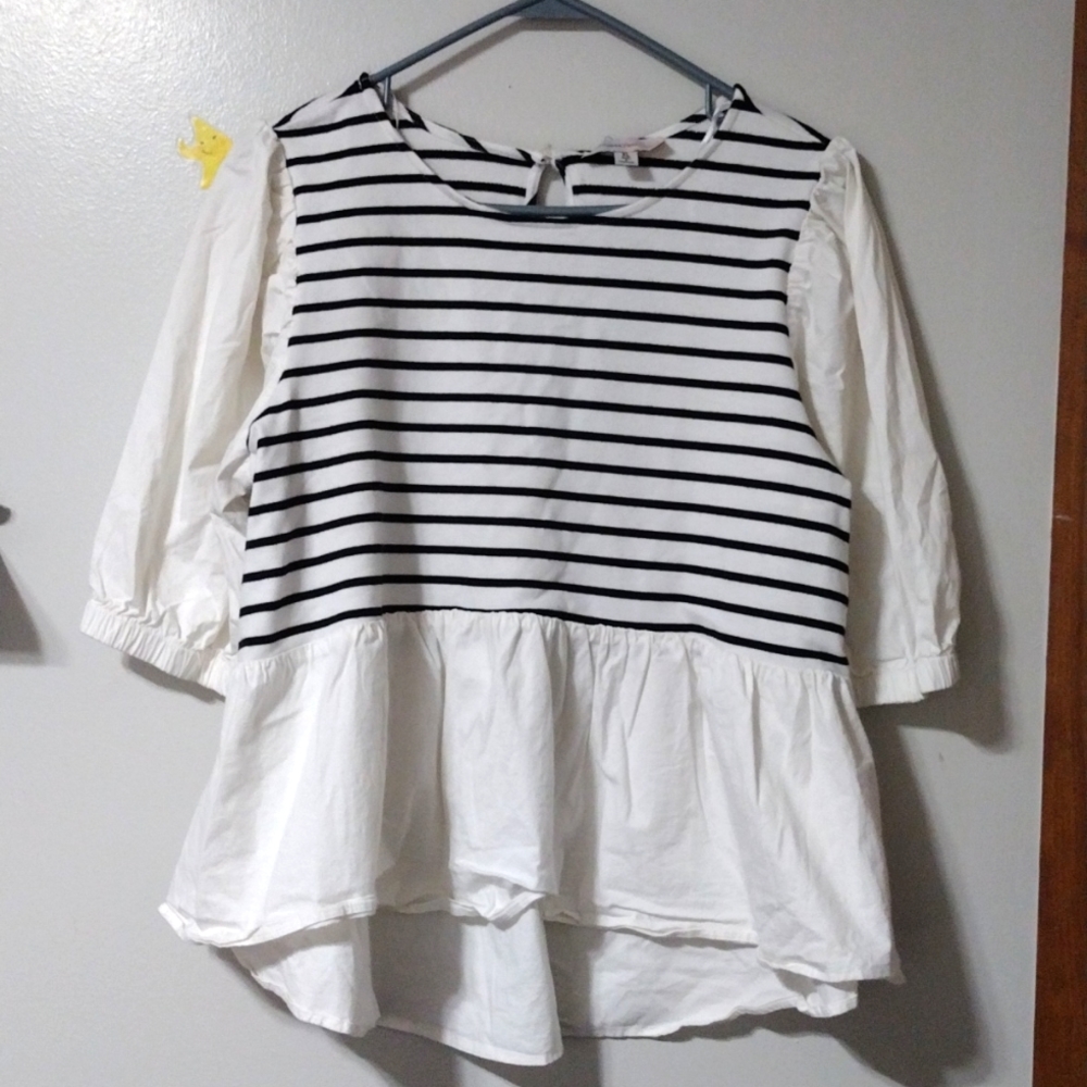Yuni Los Angeles Hi Low Black and White Striped Puffy Sleeve Shirt